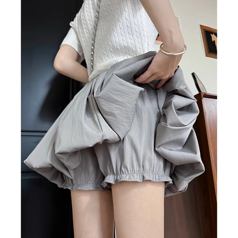 灰色花苞短裙女夏季防走光南瓜蓬蓬a字裙高腰显瘦小个子半身裙裤