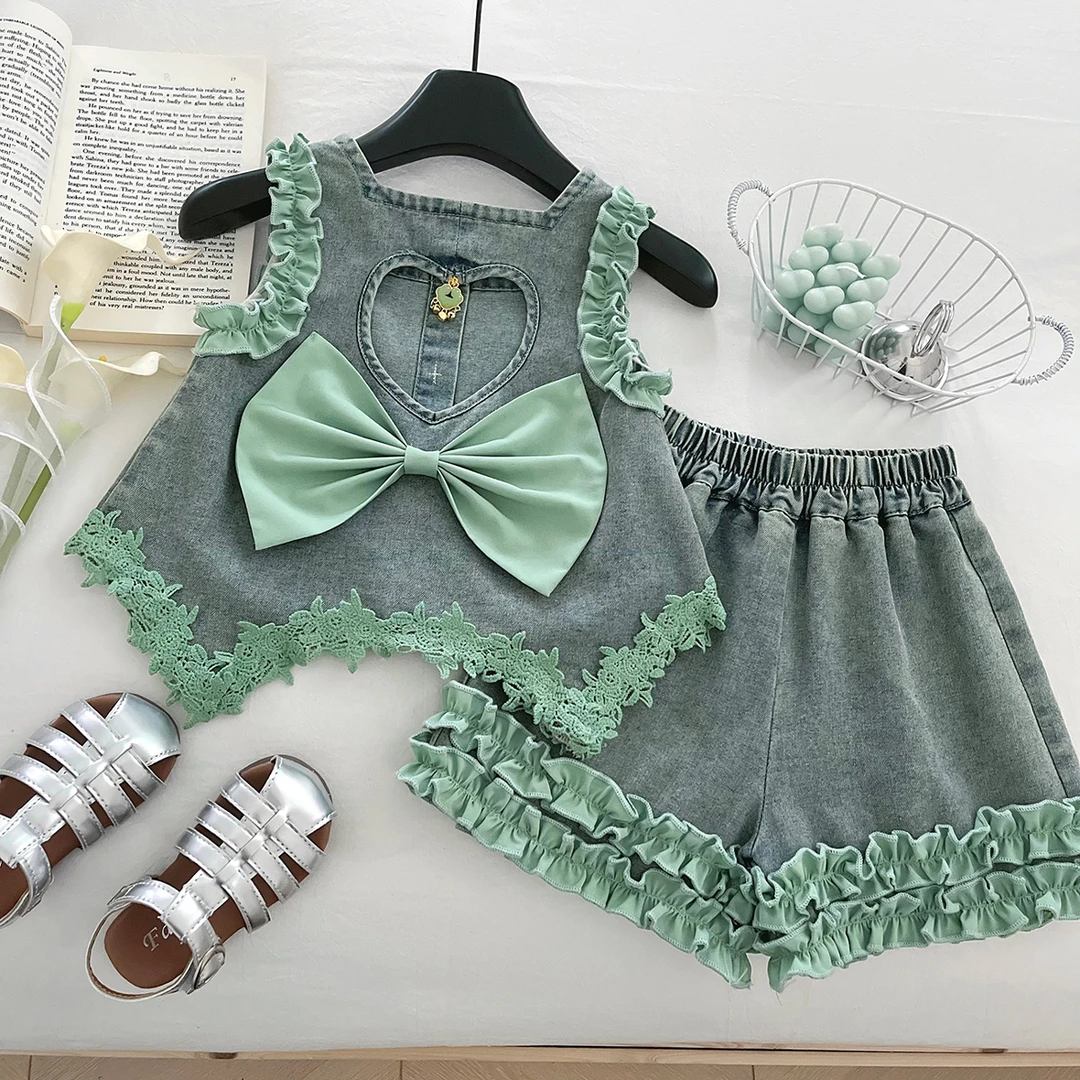 【现货】女童夏季牛仔套装女孩两件套透气韩版花朵软牛仔裙SC40270