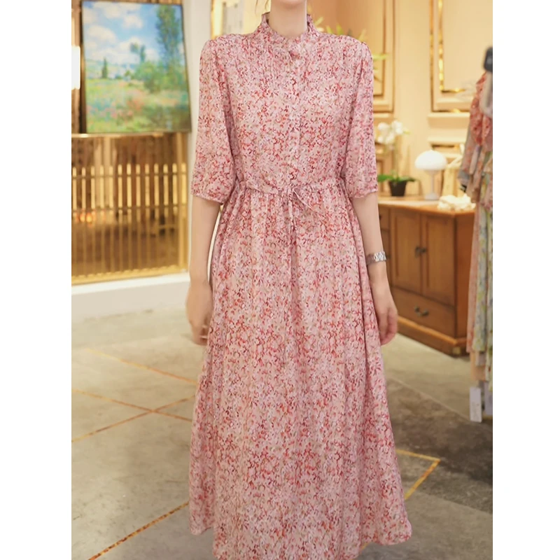 【堇兰桑蚕丝】春夏气质真丝裙印花收腰桑蚕丝连衣裙女YYQ22-990