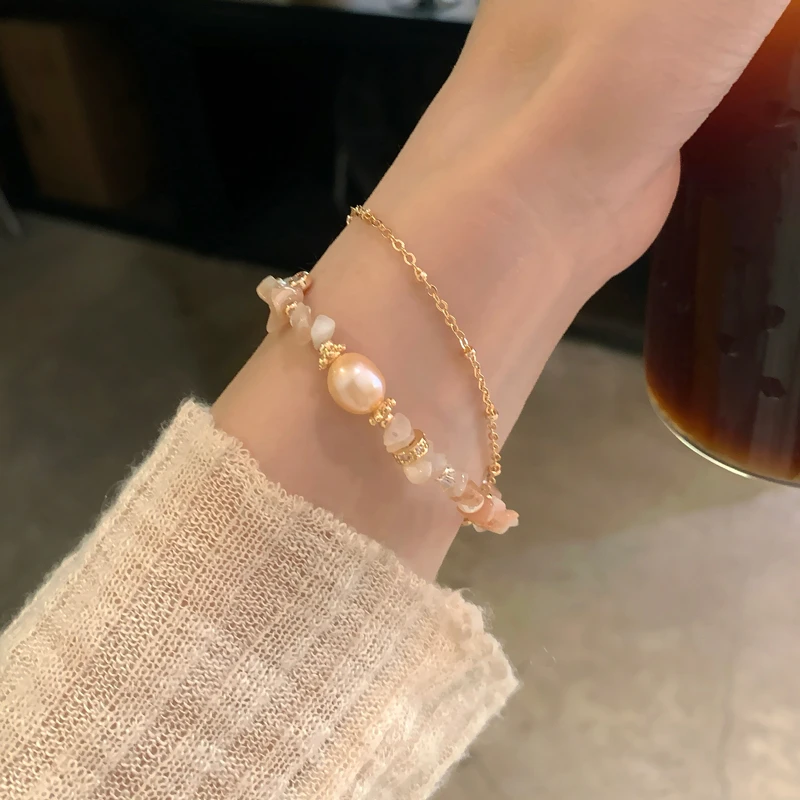 娟姨 铜合金仿珍珠手链 温柔精致森系甜美橙月光碎石串珠手链手作