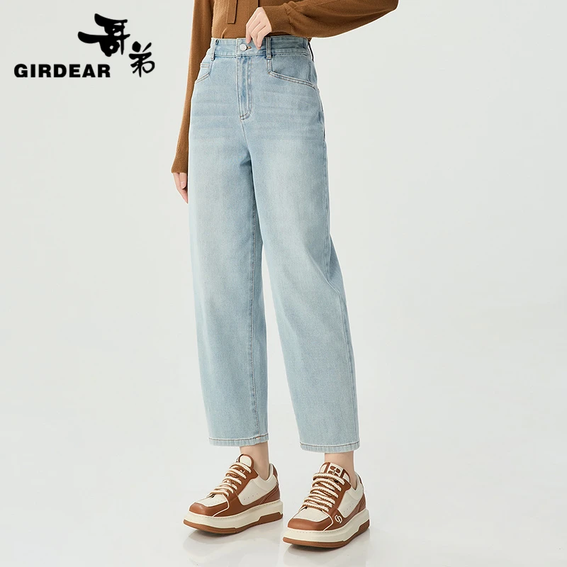 GIRDEAR/哥弟早春新款高腰复古九分奶奶裤简约款百搭牛仔裤110006