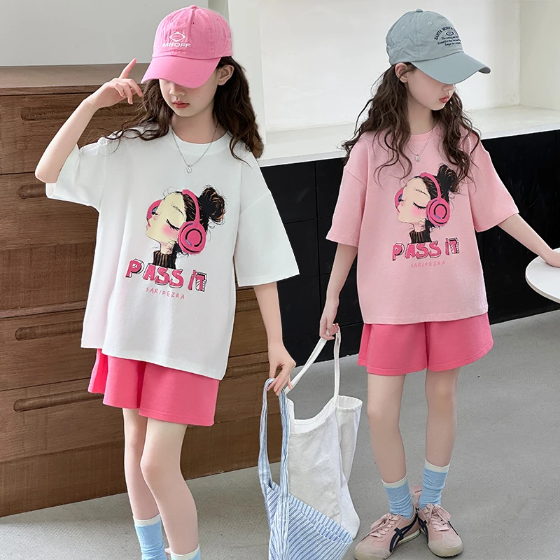 女童夏季套装2025新款中大童舒适百搭时尚潮牌儿童短袖短裤两件套
