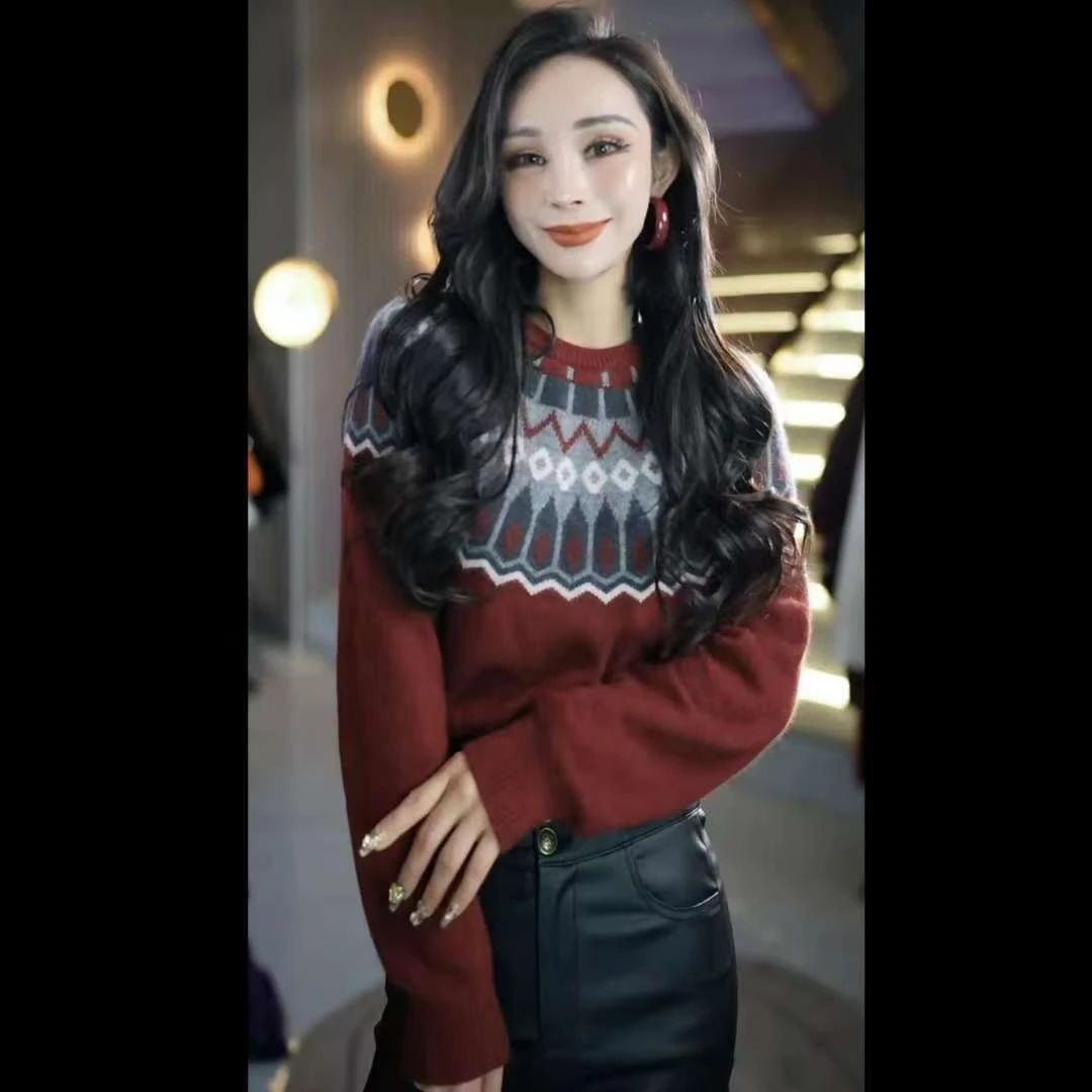 冬季时尚百搭加厚费尔岛圆领女士套头毛衫打底毛衣1m289201