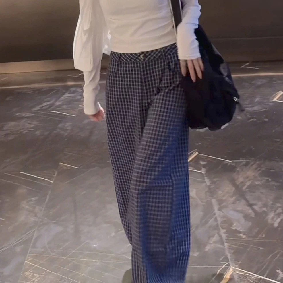 《發品》2025蓉蓉家夏季新款泡泡棉芙复古蓝格纹条纹阔腿格子裤