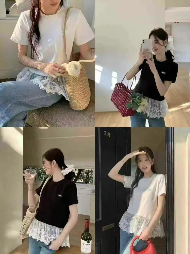 5039#胸前蕾丝字母标短袖T恤女显瘦洋气时尚百搭潮流夏季