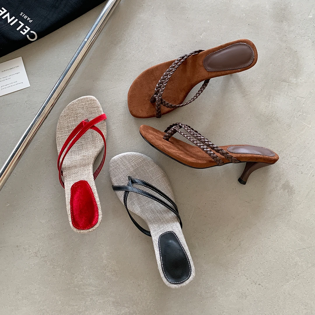 Sheriley77小众百搭法式人字拖鞋女士外穿中跟夹趾软底时尚凉鞋
