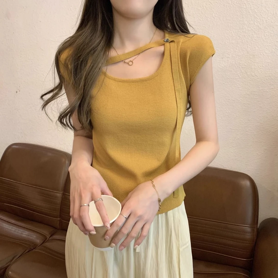 别致气质夏季法式方领系带设计感针织短袖t恤辣妹短款薄上衣女装