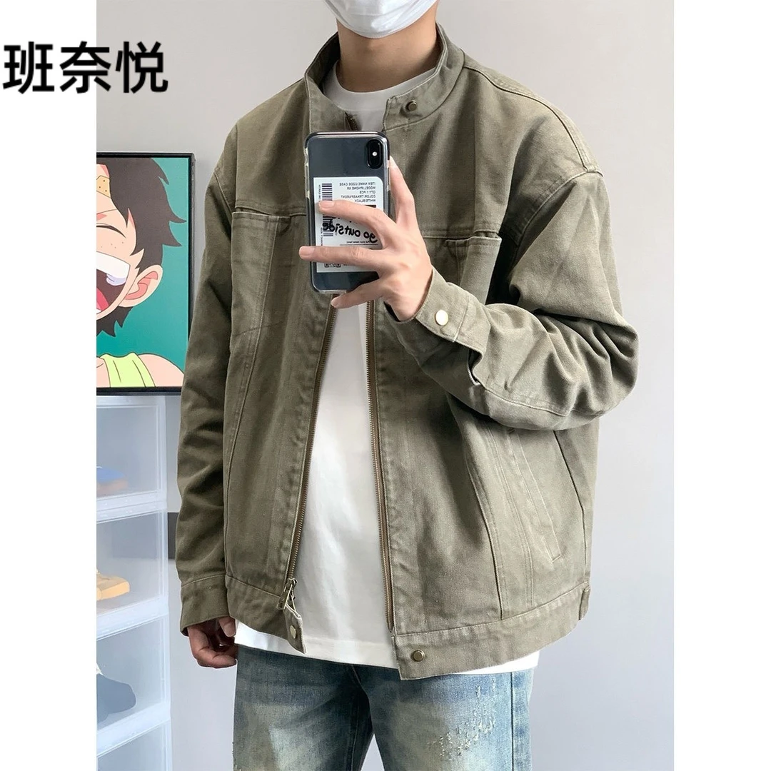 班奈悦美式复古重磅水洗帆布外套男春秋款立领设计感休闲百搭夹克