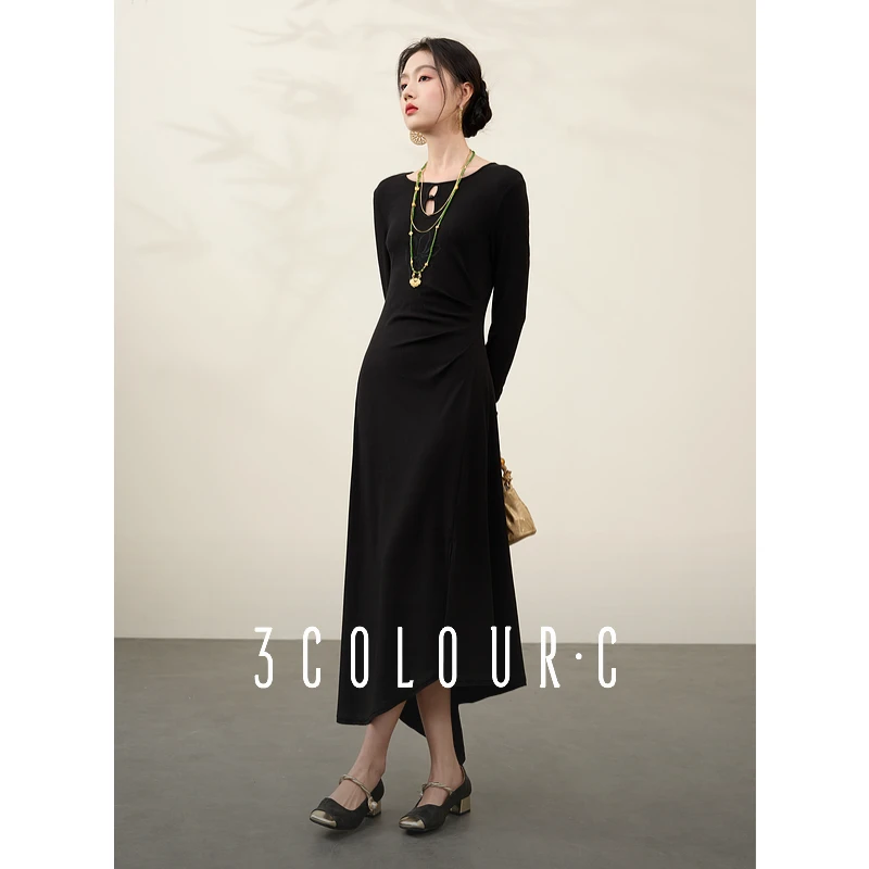 三彩【墨山云烟】2025春季新款新中式花朵刺绣连衣裙开叉长裙C