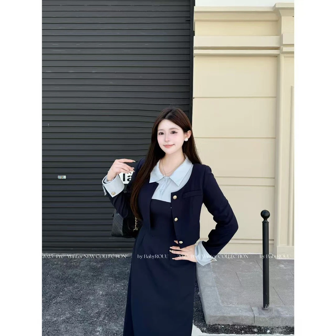 【蔚蓝学院】温与柔韩版学院风减龄刺绣撞色假两件连衣裙