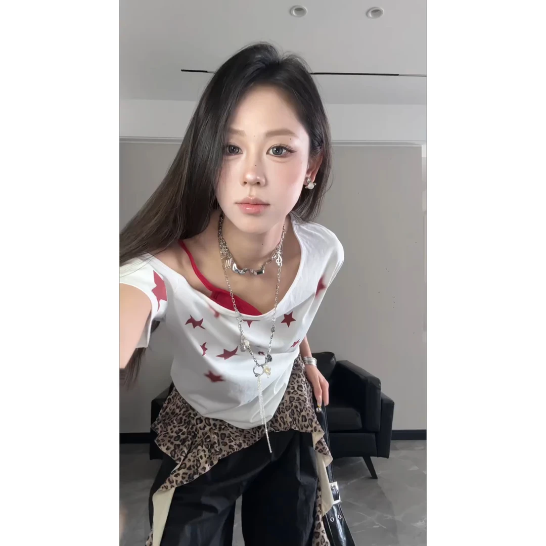 夏季复古印花短袖T恤短款女宽松显瘦韩版修身潮辣妹上衣白色百搭
