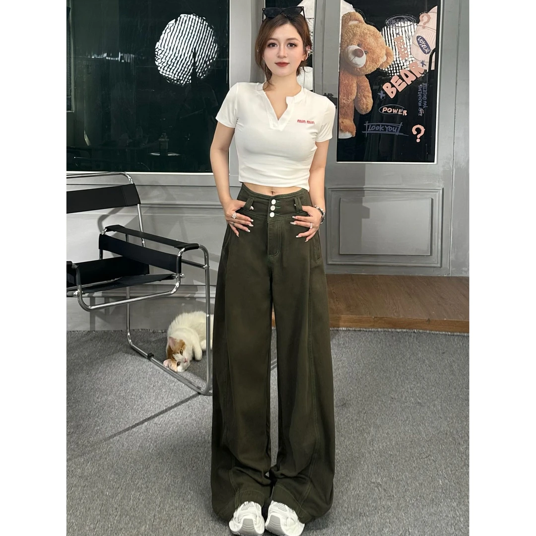 SOOM军绿高腰女2025设计感宽松显瘦韩版美式休闲夏季弯刀裤牛仔裤