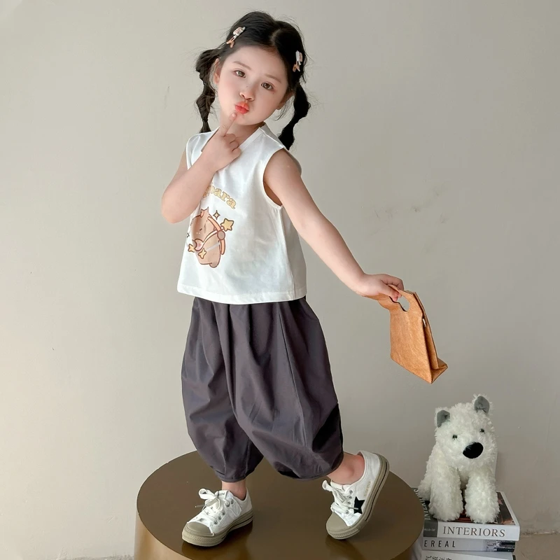 女童夏季套装2025新款儿童卡通背心宝宝防蚊休闲裤薄款两件套森系