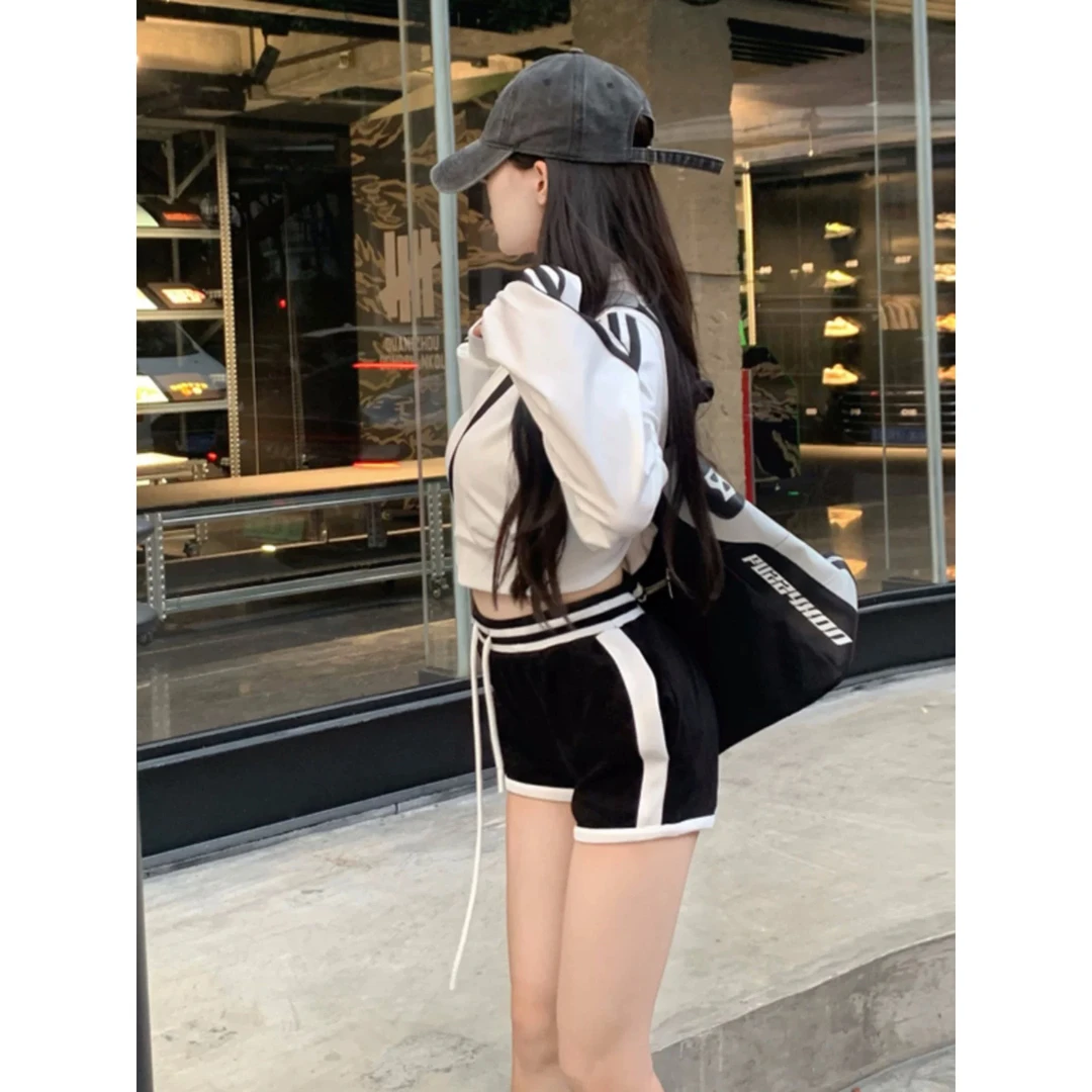 美式撞色条纹抽绳系带高腰显瘦热裤#4201