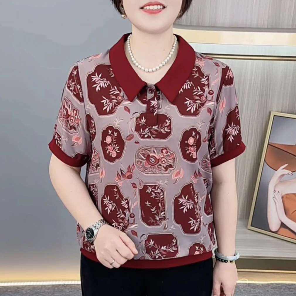 夏季新款时尚翻领印花中老年气质妈妈装宽松休闲百搭短袖上衣H336
