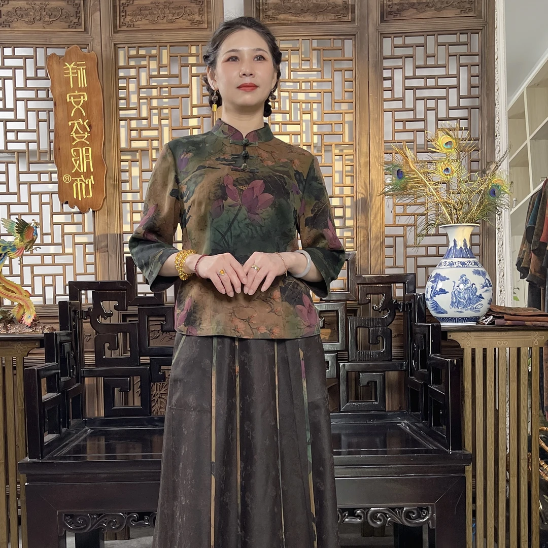 祥安姿服饰香云纱长袖圆领中国风时尚上衣{荷花小上衣}G362546-1