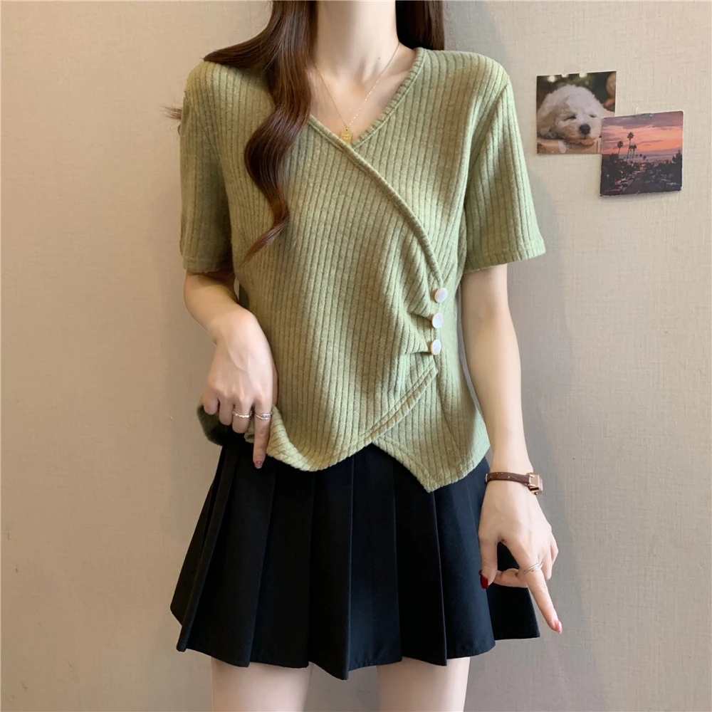 大码女装不规则小众设计感针织衫女夏季胖妹妹宽松显瘦短袖打底衫