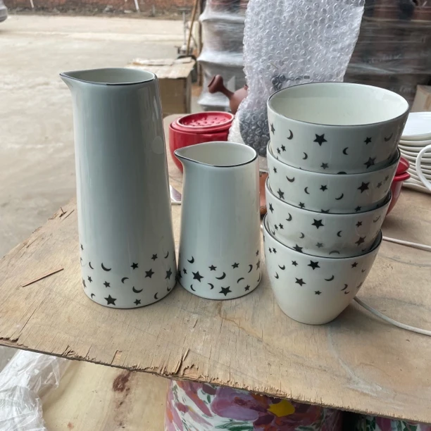 外贸尾单陶瓷餐具，美式星星咖啡杯具套装微瑕