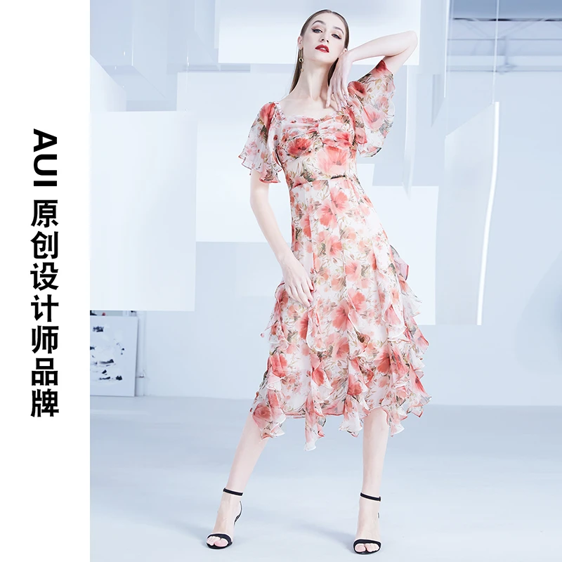 【宠粉专属】AUI法式印花雪纺连衣裙女神范荷叶袖裙子-21X017949