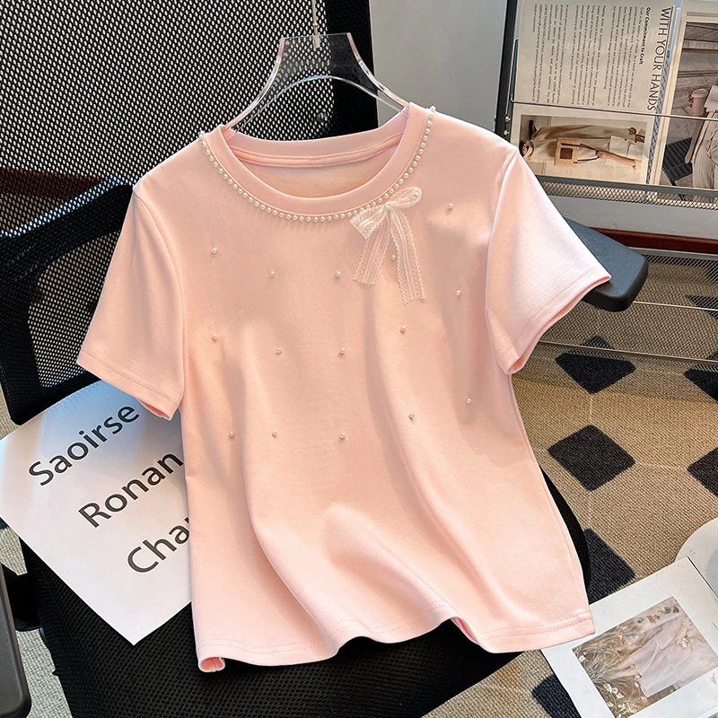 蕾丝蝴蝶结钉珠正肩t恤女2025夏季新款纯色圆领上衣时尚短袖小衫