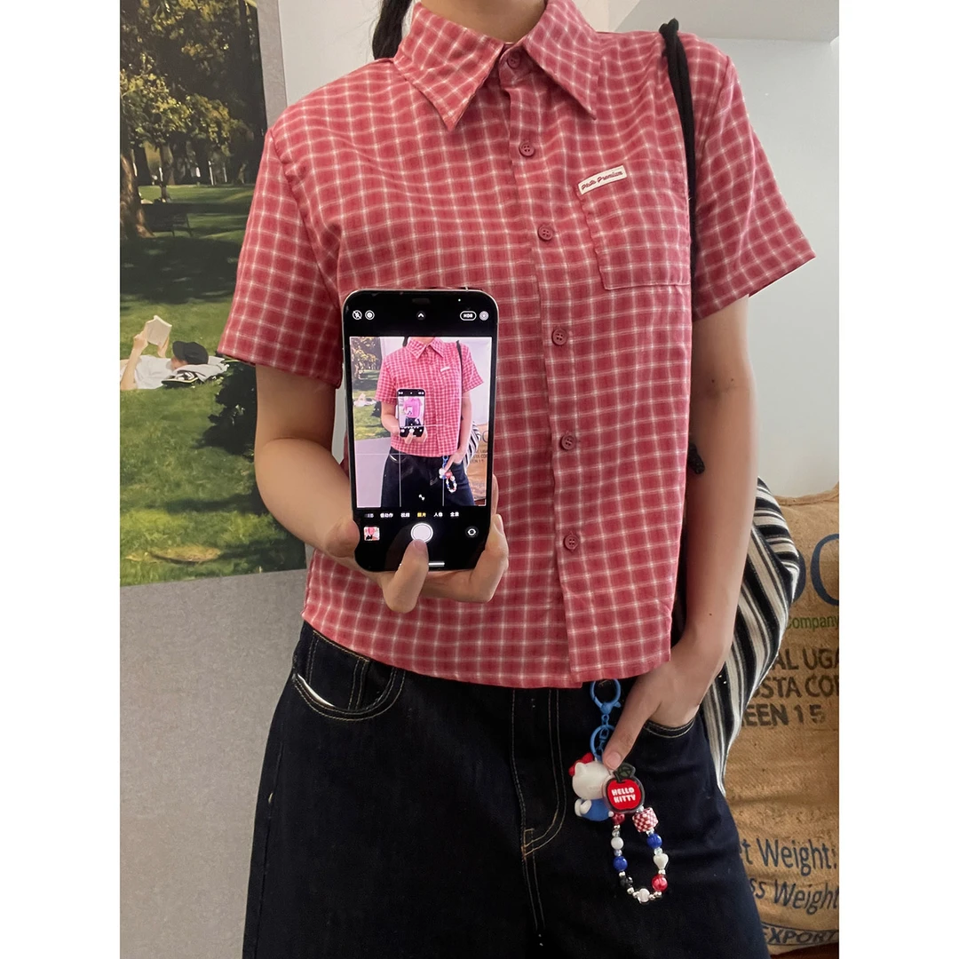 19studio WAYNEPRINCE美式POLO领格子衬衫女夏季新款休闲百搭短袖