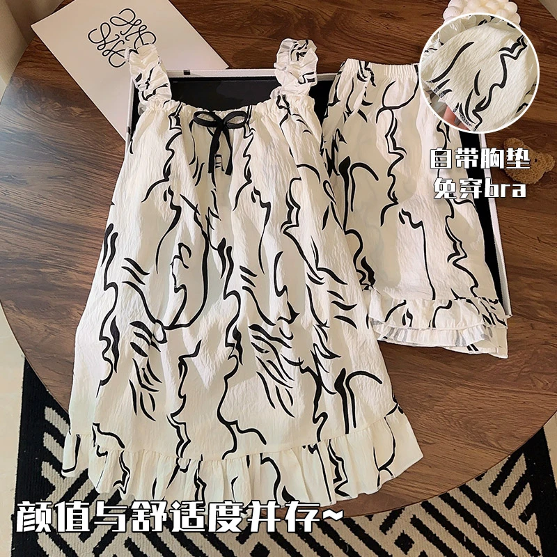 简约风吊带睡衣女夏季云朵棉带胸垫条纹夏天新款可外穿家居服套装