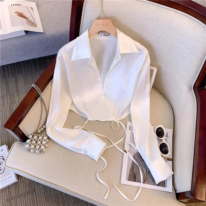 法式V领交叉系带高腰短款上衣女夏季设计感小众白色薄款长袖衬衫