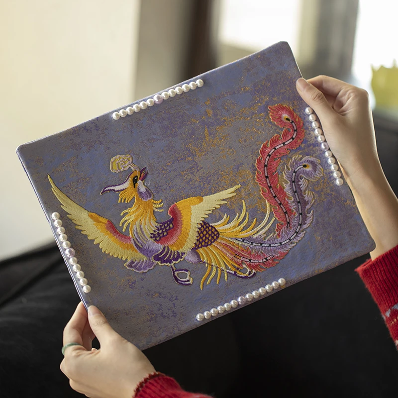 QB00594 七宝烧-刺绣凤凰钉珠茶席-紫底(32*24)