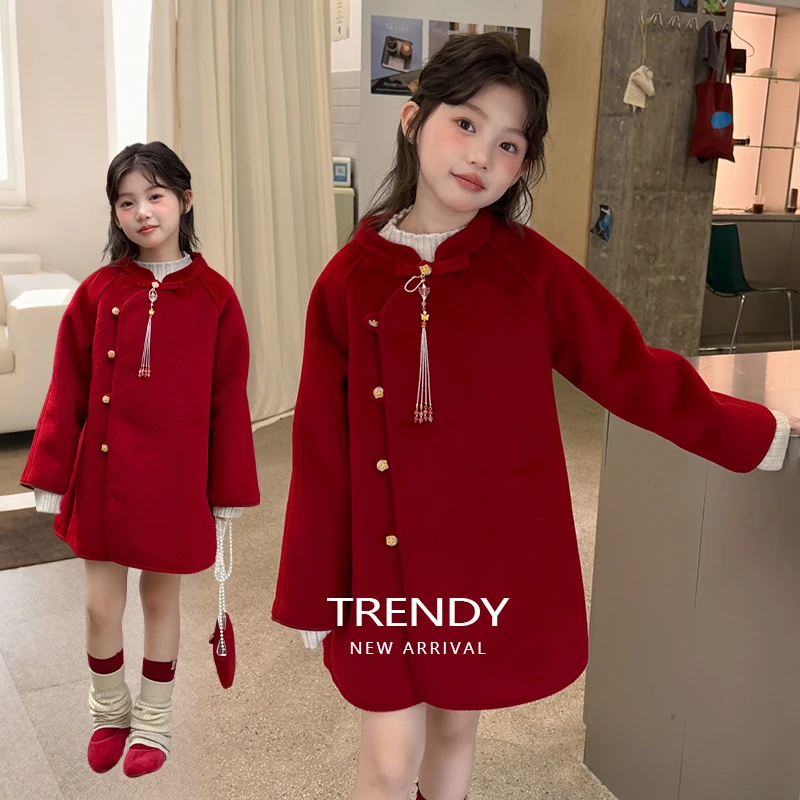 女童呢子外套2025秋冬新款大童中国风红色加绒毛呢大衣女孩拜年服