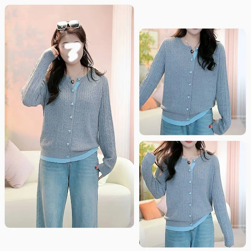 韩版时尚拼色设计感针织开衫女2025年春秋季新款小众洋气百搭上衣