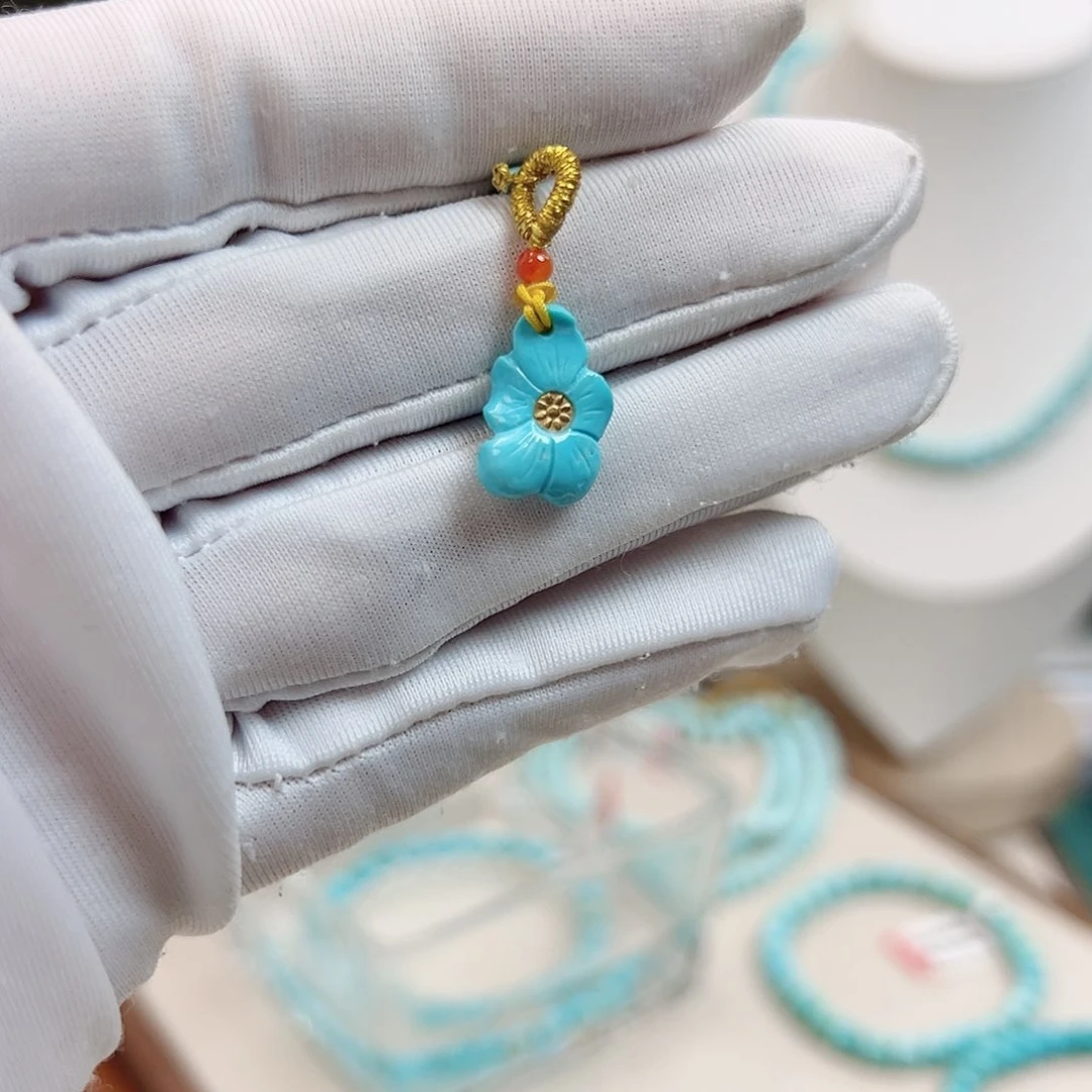 绿松石18K金镶嵌高瓷蓝花花
