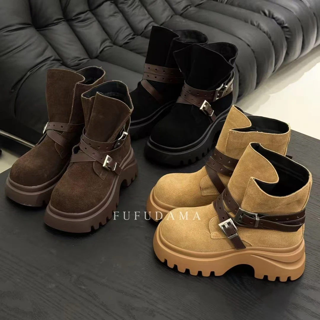 【胖福福大码女鞋】真皮一脚蹬磨砂皮带双扣厚底马丁靴