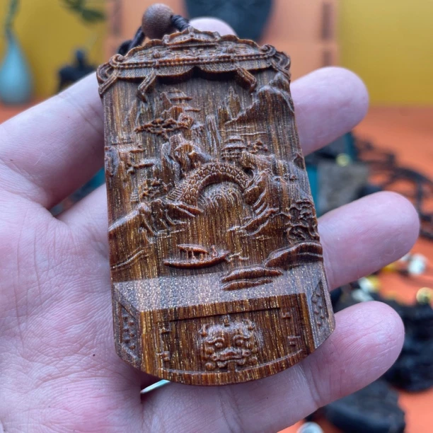 血月星空（山水阁楼）4/6巴布亚贡木天然复古精工原木雕刻挂件