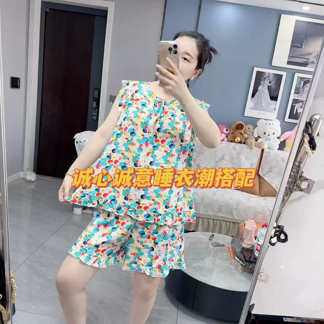 夏季薄款绵绸碎花宽松大码坎袖短裤家居服套装（微缩水）