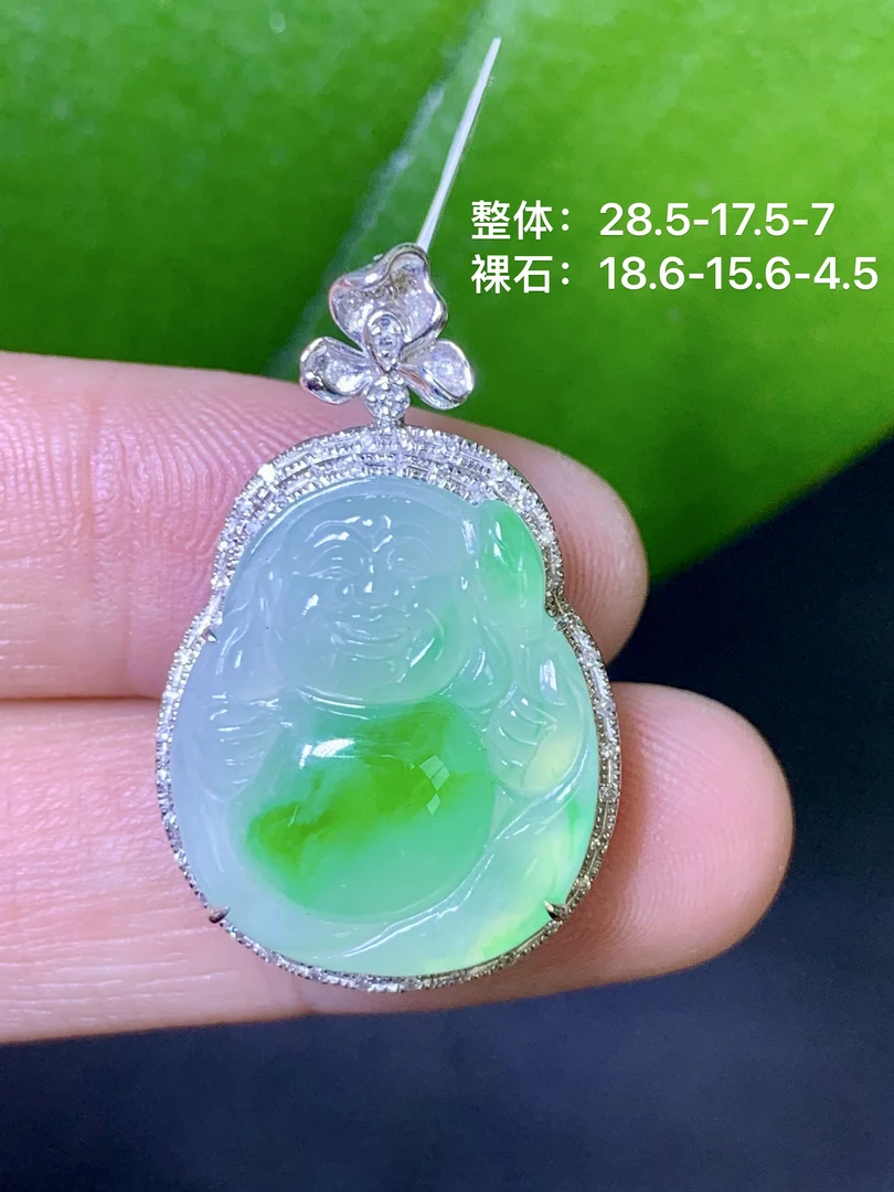冰绿飘花财神爷吊坠 天然翡翠A货H煌/5.22飘花镶嵌时尚高冰