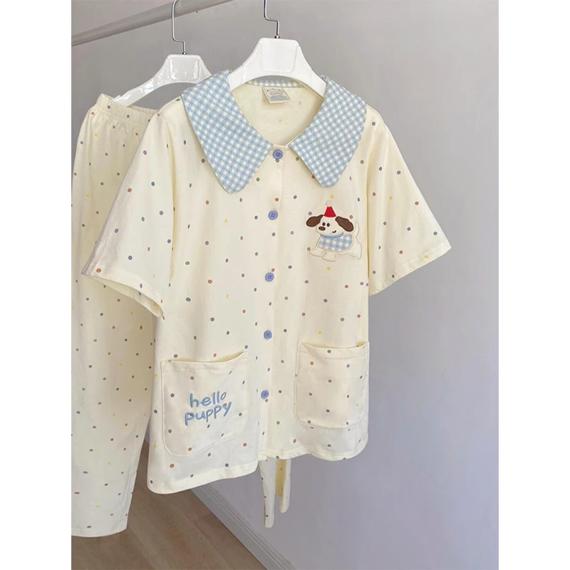 【彩色波点小狗】韩系可爱睡衣女夏季新款短袖长裤家居服套装可外穿