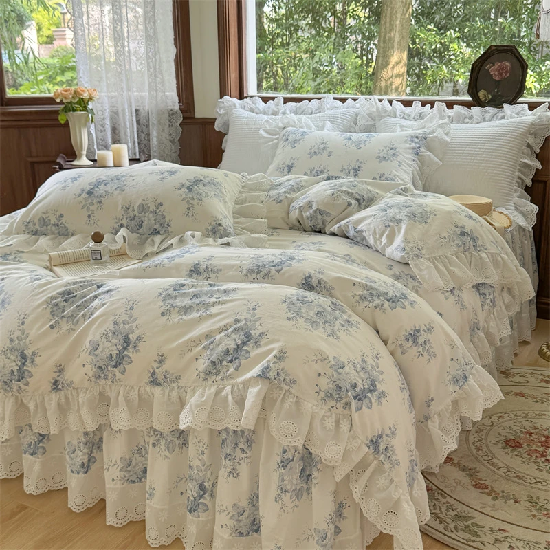 全棉床裙款韩版四件套高档公主风纯棉花边被套四件套床单学校宿舍