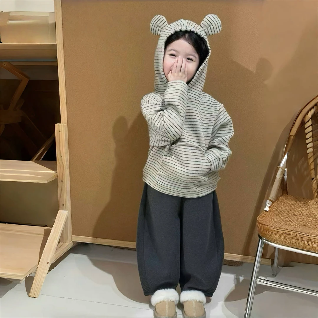 【2025冬款套装】女童韩版洋气条纹耳朵连帽卫衣儿童加绒保暖两件套