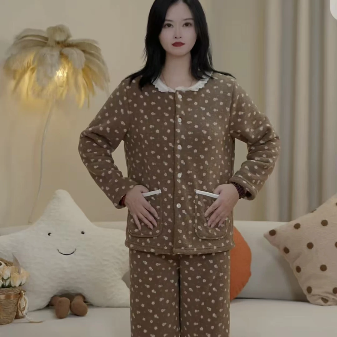【咖色小花】2025秋冬新款时尚女士睡衣可外穿睡衣家居服套装CRQ