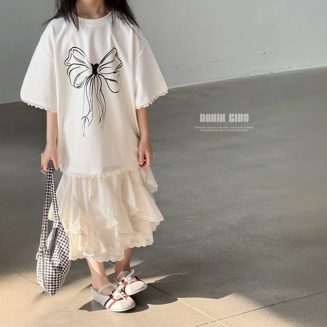 【嗒囜】女童夏装新款蝴蝶结印花宽松短袖T恤简约时尚童装上衣T恤