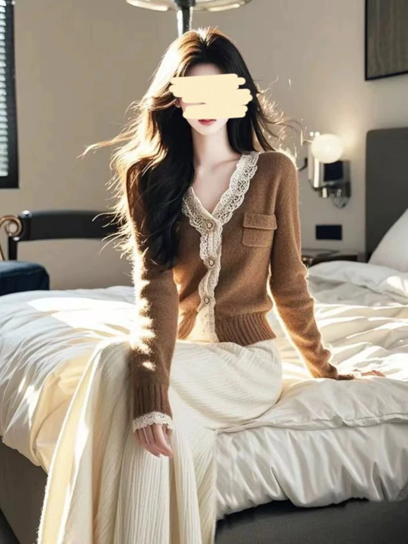 306【两件套】复古温柔风拼接毛衣开衫+阔腿裤套装（G26）