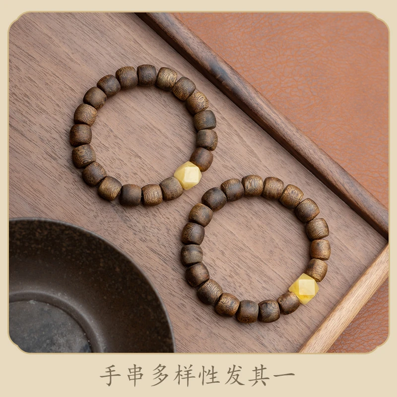 沉香莺歌绿奇楠沉香11*10mm鼓珠单圈手串六角蜜蜡多样性发其一