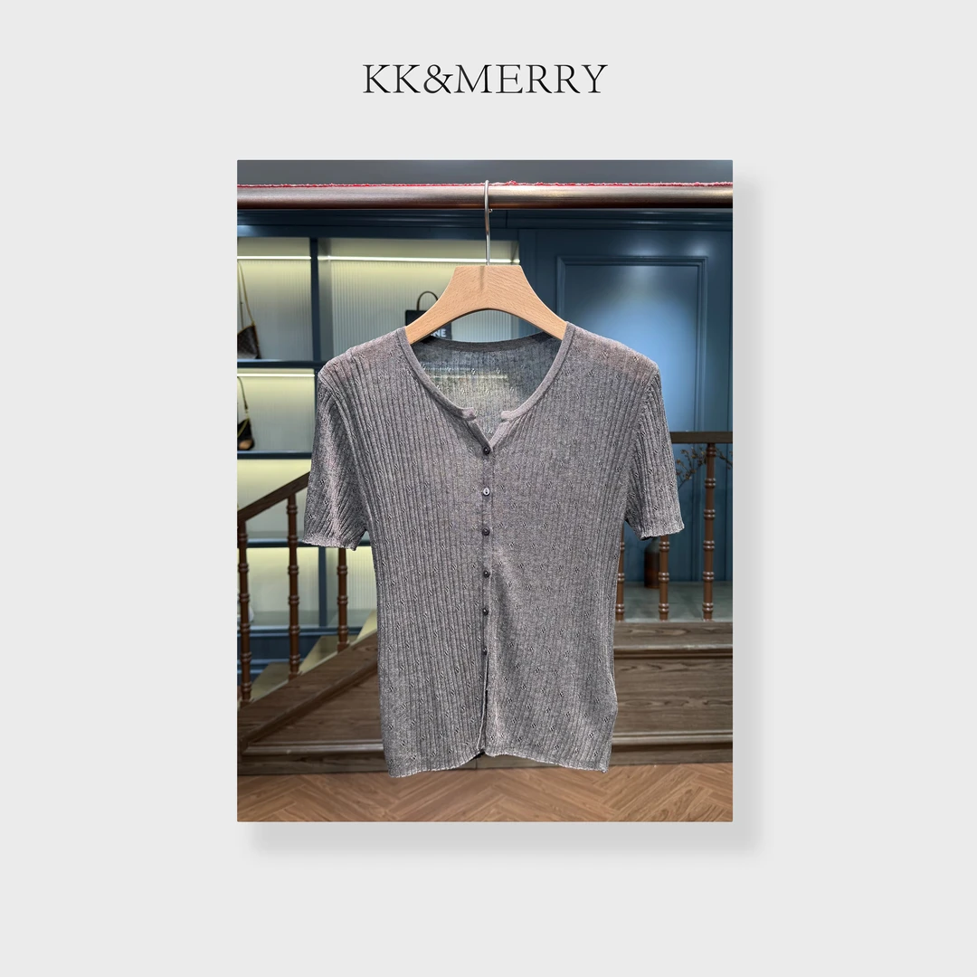 KK&MERRY（月光）时髦洋气百搭坑条圆领纽扣短袖针织开衫KDKW841
