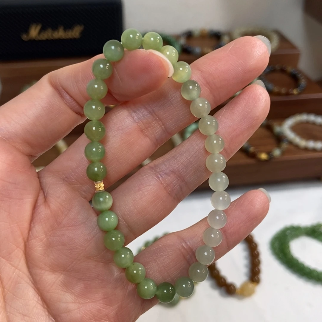 和田玉银S925镶嵌手链福利6mm渐变双拼