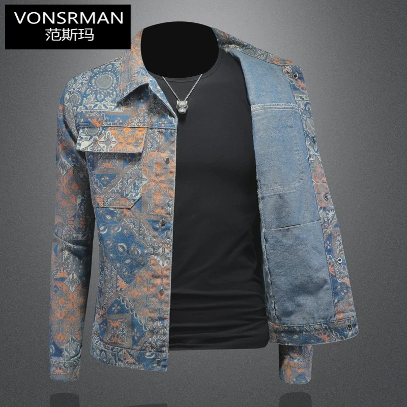 Vonsrman欧洲站复古牛仔外套春秋季新款韩版气场男士外套春秋男装
