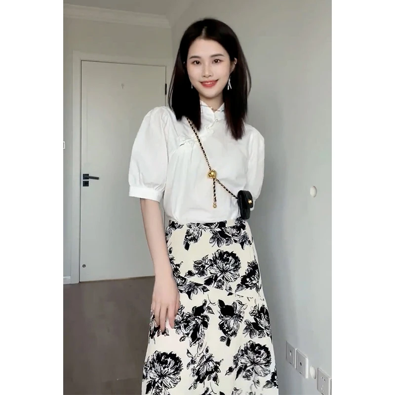 7675夏季新款女冷淡风高级感两件套装中式旗袍改良茶歇法式裙子