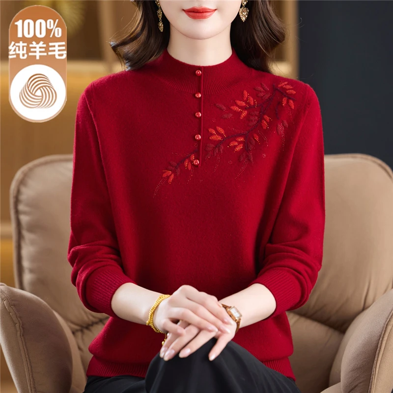 洋气妈妈100纯羊毛衫女秋冬新款半高领红色毛衣绣花针织打底衫
