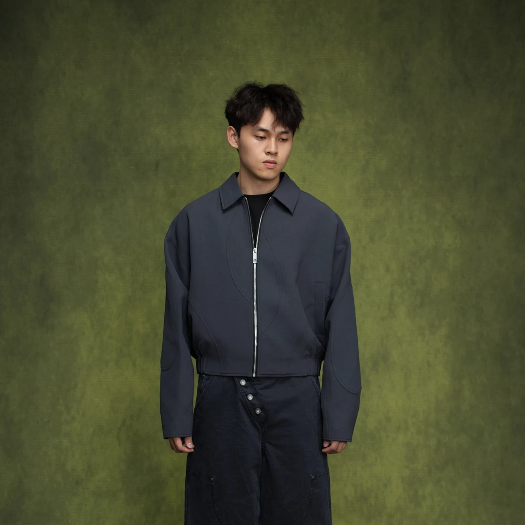 OaOO不对称拼接夹克短宽廓形翻领外套通勤休闲外套秋冬男士