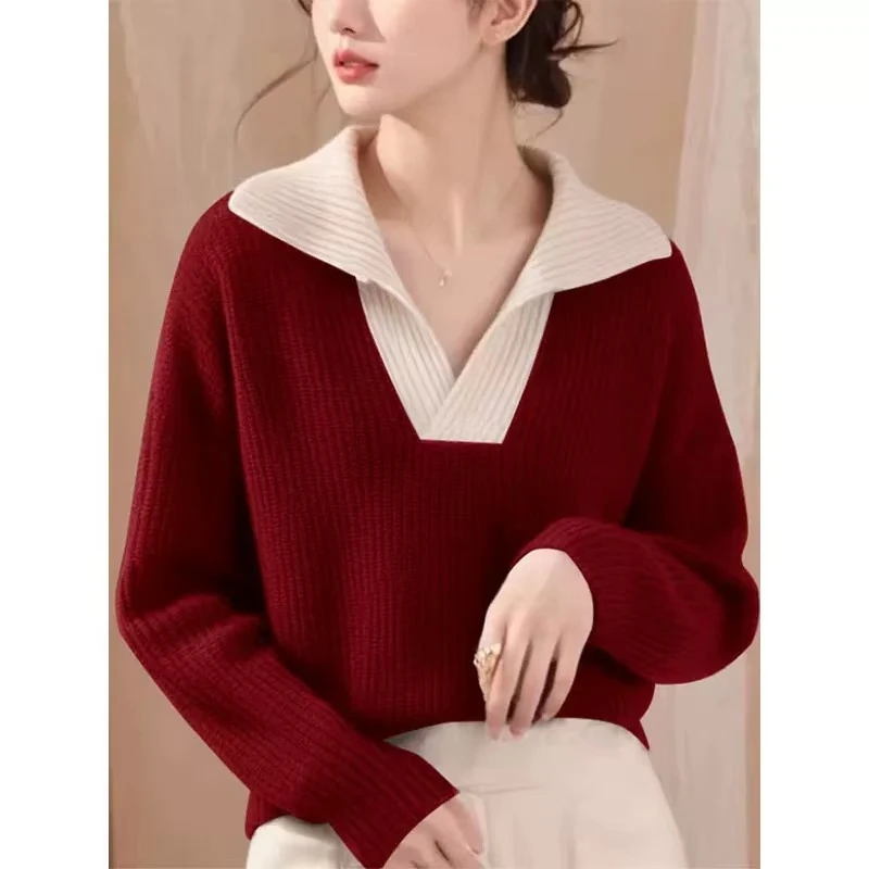 La Chapelle/拉夏贝尔撞色拼接翻领毛衣女秋冬显瘦红色针织上衣