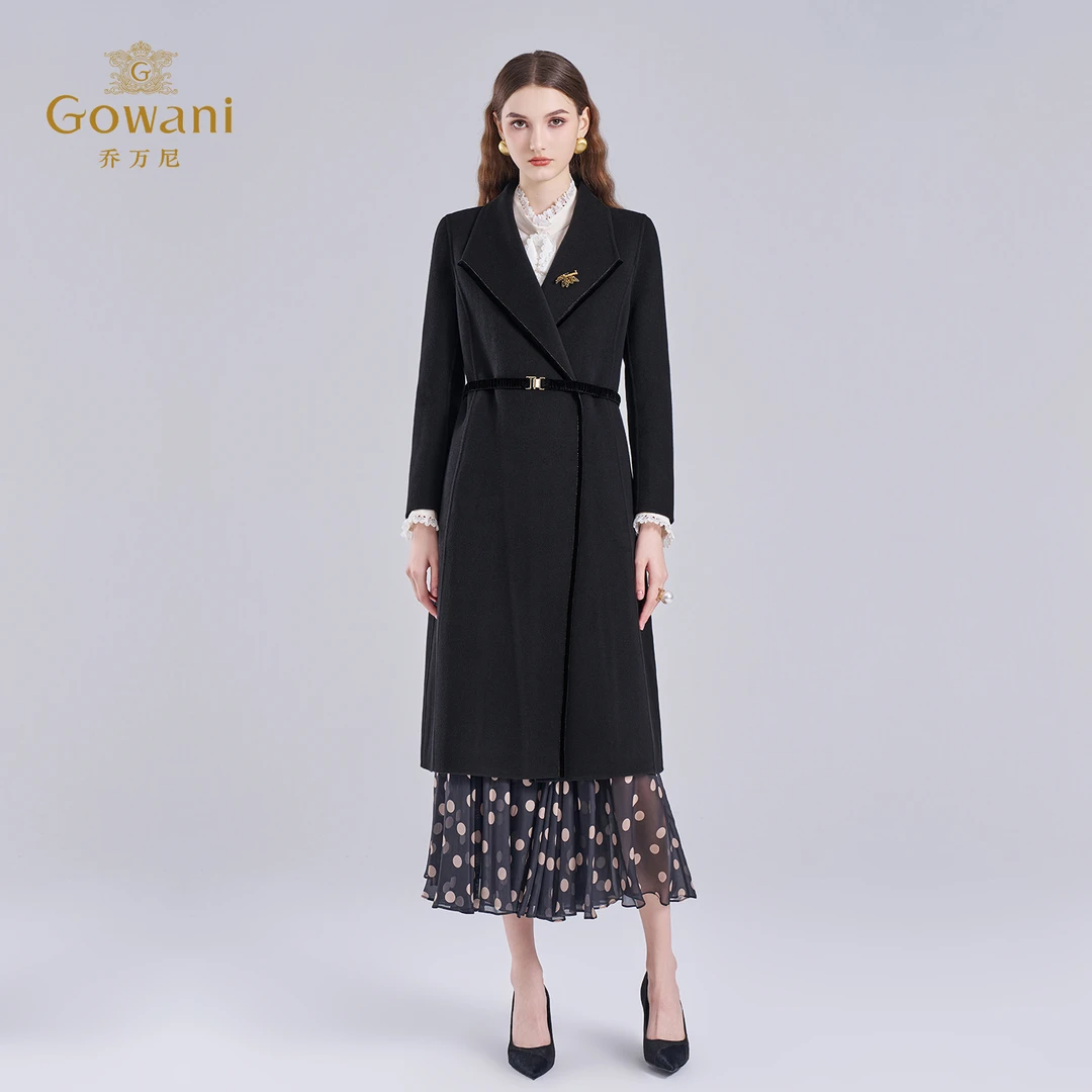 乔万尼黑色中长款系带毛呢外套女收腰高级感气质羊毛大衣EI4A569